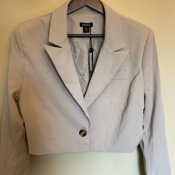 NWT Boohoo Women Oversized Cropped Boxy Tailored Blazer Size 12 Cream - Picture 3 of 15